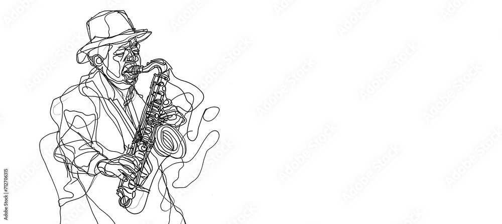 A Minimal Black and White Line Art Drawing of a Jazz Musician Playing Saxophone, Continous Line Saxophonist Jazz and Soul Music Trumpet Banner Illustration A Minimal Black and White Line Art Drawing of a Jazz Musician Playing Saxophone, Continous Line Saxophonist Jazz and Soul Music Trumpet Banner Illustration
