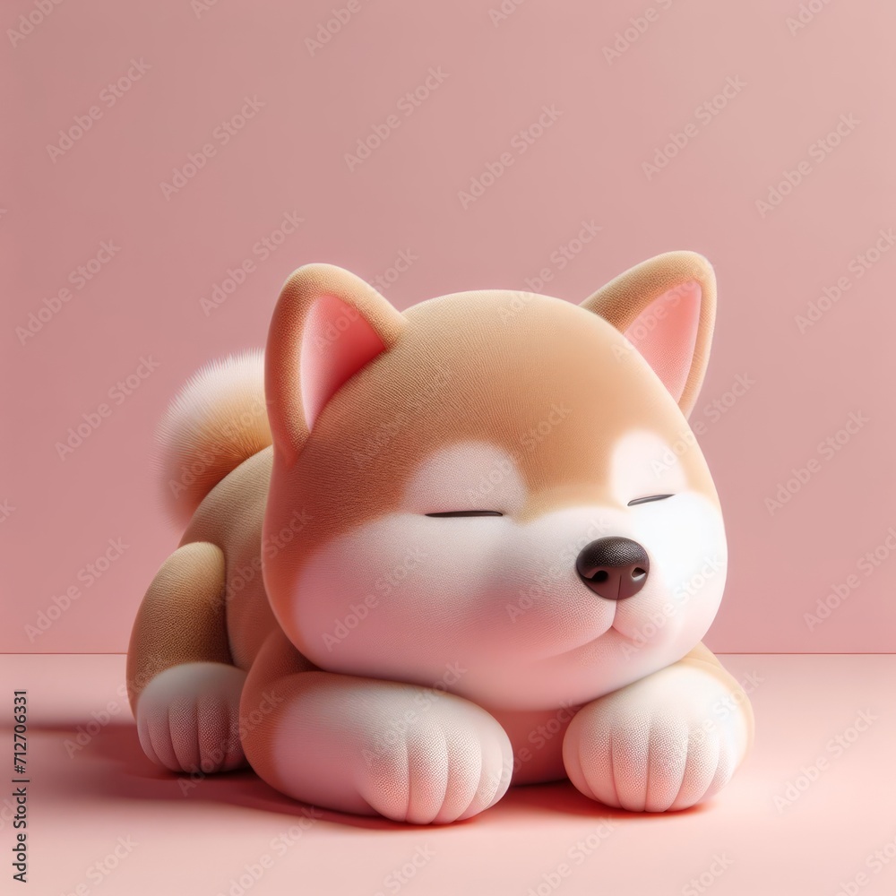 Сute fluffy red Shiba Inu puppy toy sleeping on a pastel pink background. Minimal adorable animals concept. Wide screen wallpaper. Web banner with copy space for design. Сute fluffy red Shiba Inu puppy toy sleeping on a pastel pink background. Minimal adorable animals concept. Wide screen wallpaper. Web banner with copy space for design.