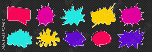 A pack of speech bubbles. Set of empty speech bubbles. Comic text sound effects collection. Banner, poster, sticker concept. Vector cartoon messages. Abstract pop art style on black texture background