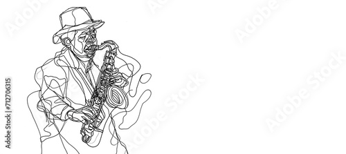 A Minimal Black and White Line Art Drawing of a Jazz Musician Playing Saxophone, Continous Line Saxophonist Jazz and Soul Music Trumpet Banner Illustration