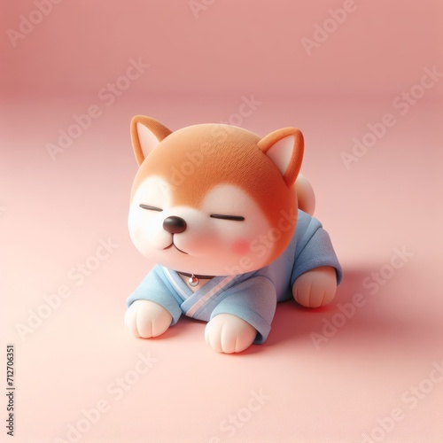 Сute fluffy red Shiba Inu puppy toy sleeping on a pastel pink background. Minimal adorable animals concept. Wide screen wallpaper. Web banner with copy space for design. © Intergalactic Rada
