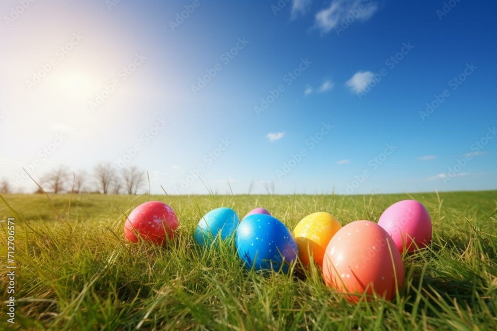Colorful Easter eggs on a grass lawn under a blue sky. Generative AI