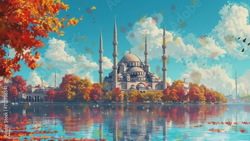 Animated Mosque by the River Spring. Generative AI photo