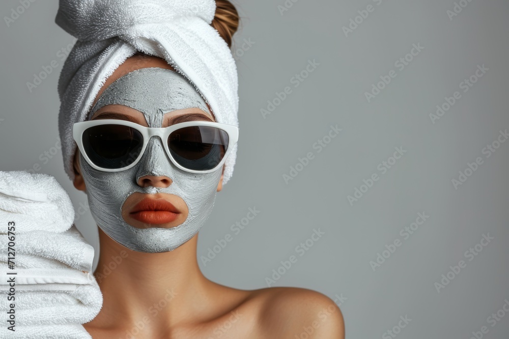 a woman at the spa is relaxing with towels and a face mask. a woman at the spa is relaxing with towels and a face mask.