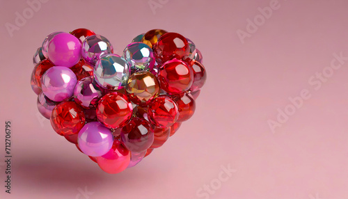 Multicolored Sphere Love Heart. Pink, Red Glass and Red Metallic Spheres arranged in a heart shape. 3D Render, pink background