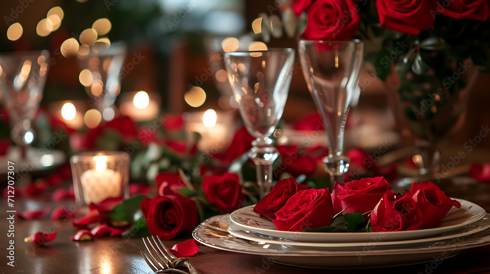 Valentine day table decorated with red flowers.