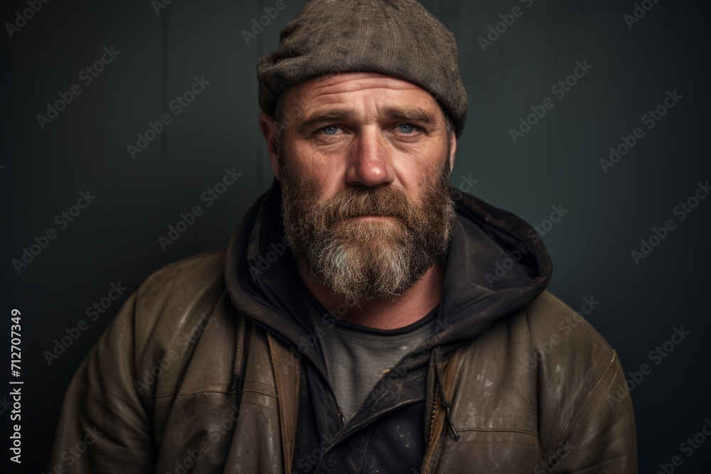 Portrait of a bearded man in a cap and leather jacket over dark background. Portrait of a bearded man in a cap and leather jacket over dark background.