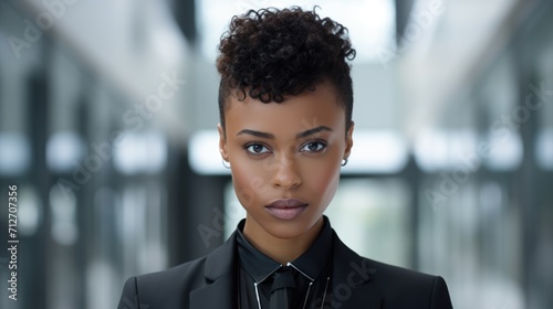 Black woman with short hair in suit, blurred office background