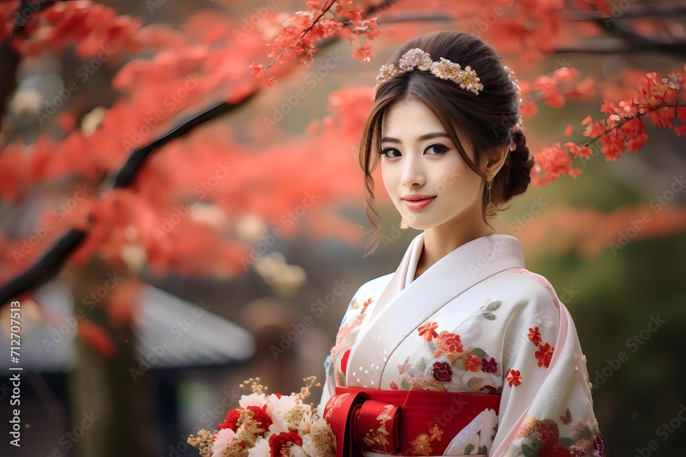 Beautiful young japanesse Asian woman wearing traditional kimono dress at japan park home Beautiful young japanesse Asian woman wearing traditional kimono dress at japan park home