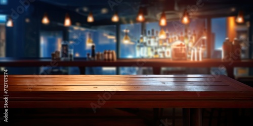 Pub's night scene with blurred lights includes a desk platform for displaying products.