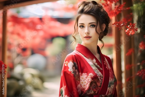 Beautiful young japanesse Asian woman wearing traditional kimono dress at japan park home photo