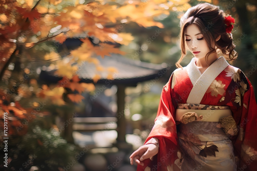 Beautiful young japanesse Asian woman wearing traditional kimono dress at japan park home Beautiful young japanesse Asian woman wearing traditional kimono dress at japan park home