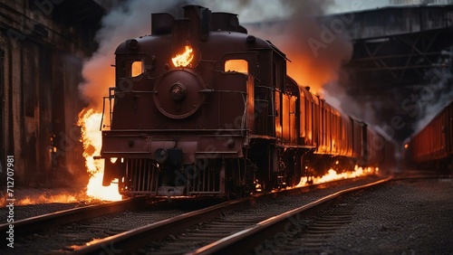 steam train at night  A burning classic train on fire, explosion flames, that reminds of the past. The train is brown  