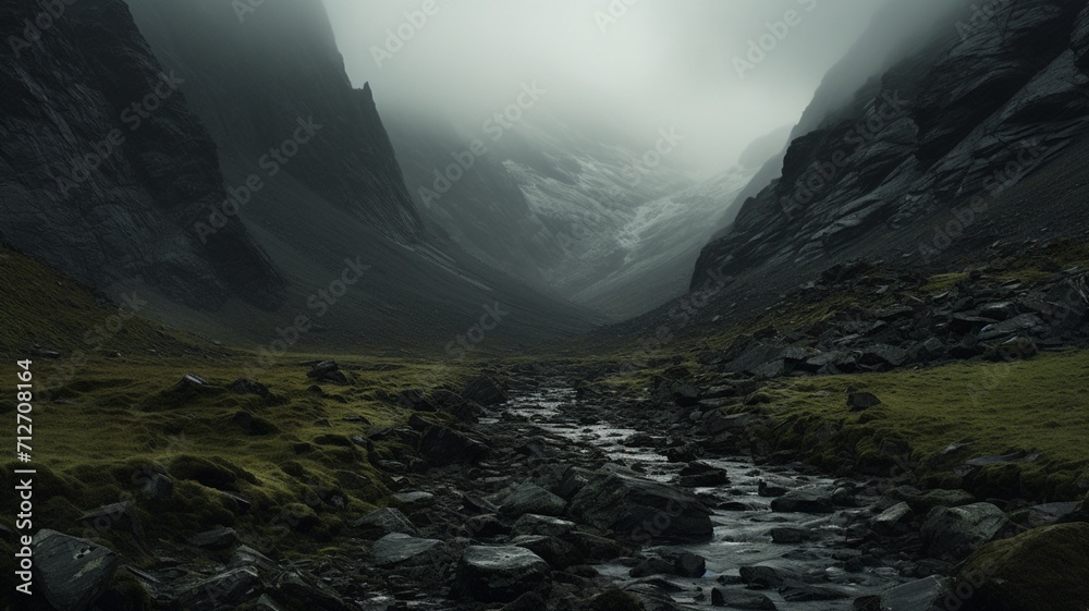 A moonlit mountain pass shrouded in mist, creating an atmosphere of mystery and enchantment in the high-altitude wilderness -Generative Ai
 - obrazy, fototapety, plakaty 