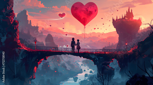 Amidst a serene sunset sky, a couple gazes upon the passing aircrafts as they hold onto a heart-shaped balloon, symbolizing their love soaring to new heights on the bridge over the glistening river