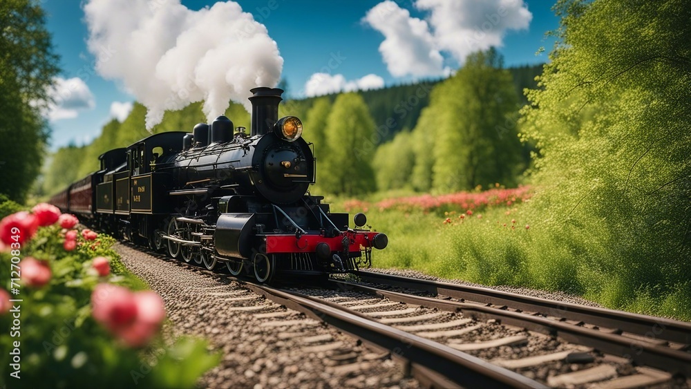 steam train in the countryside A steam train engine on a sunny day in the spring. The train is a classic and elegant model, steam train in the countryside A steam train engine on a sunny day in the spring. The train is a classic and elegant model,