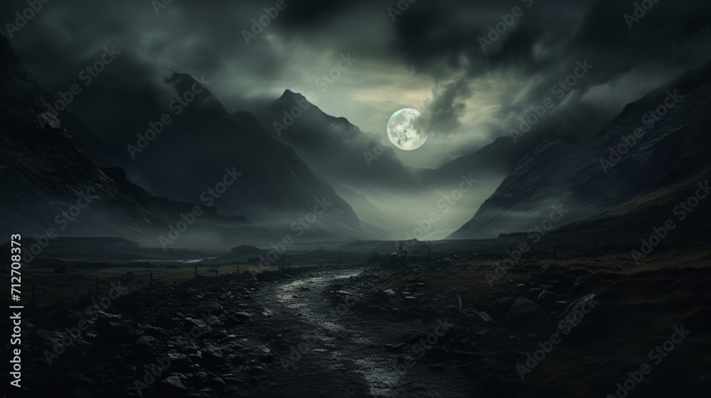 A moonlit mountain pass shrouded in mist, creating an atmosphere of mystery and enchantment in the high-altitude wilderness -Generative Ai
