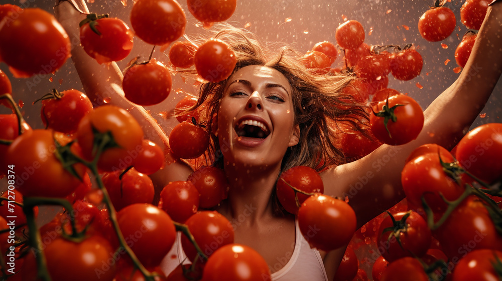 Women Defending Themselves with Style and Humor at La Tomatina III - obrazy, fototapety, plakaty 