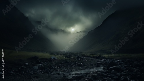 A moonlit mountain pass shrouded in mist, creating an atmosphere of mystery and enchantment in the high-altitude wilderness -Generative Ai 