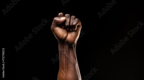 African man raises his fist up on a black background.