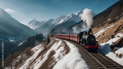ski resort in the mountains A steam train on a narrow gauge railway in the mountains. The train is climbing up a steep slope, 