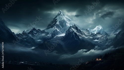 A moonlit mountain ridge, with snow-capped peaks shimmering in the celestial light, forming a stunning nocturnal panorama. -Generative Ai  © Online Jack Oliver