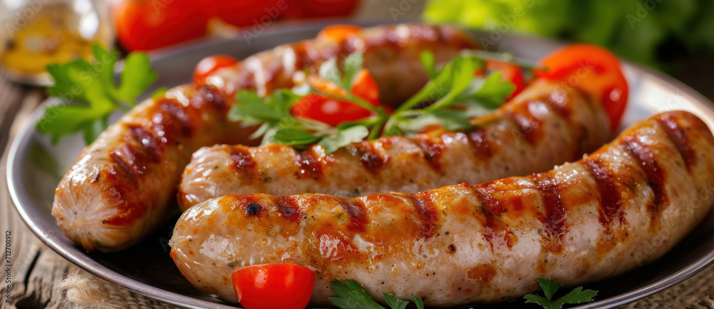 Grilled sausages on a plate garnished with parsley and cherry tomatoes, a rustic and appetizing meal