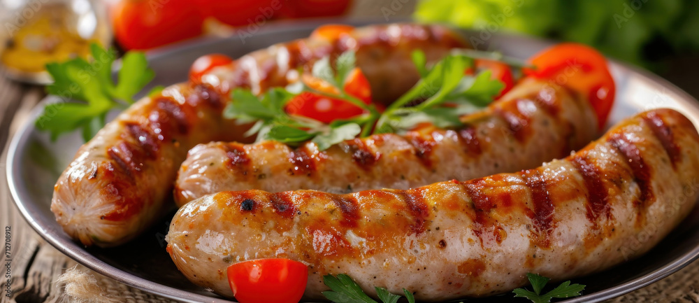 Grilled sausages on a plate garnished with parsley and cherry tomatoes, a rustic and appetizing meal Grilled sausages on a plate garnished with parsley and cherry tomatoes, a rustic and appetizing meal