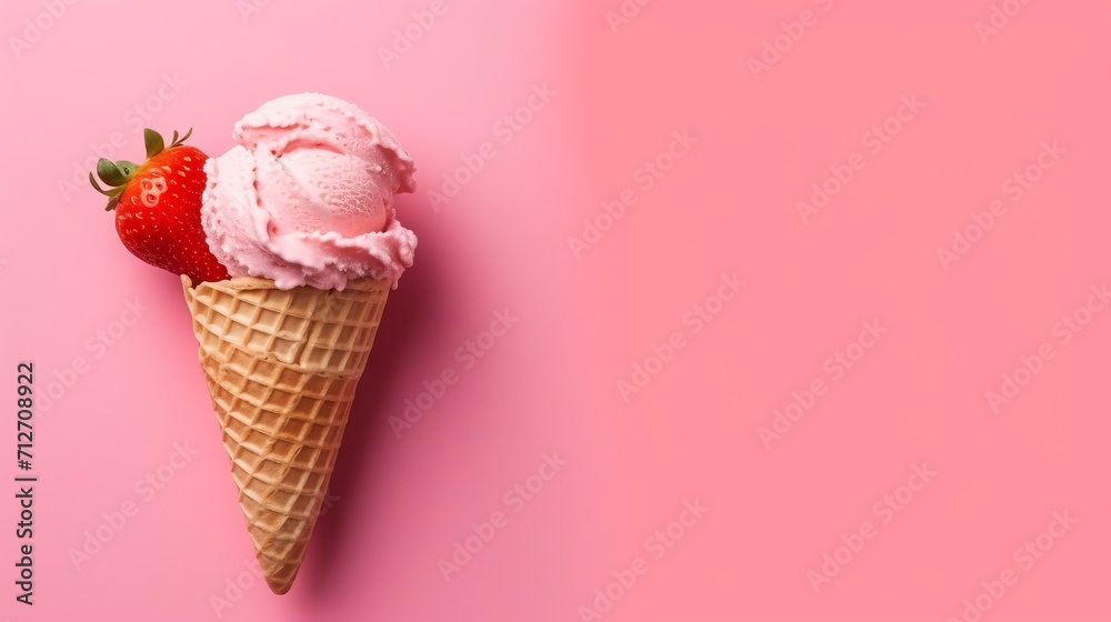 Ice cream cone with strawberry flavor and fresh berries on a pink background with space for text. Banner
Concept: sweet cold dessert, summer mood Ice cream cone with strawberry flavor and fresh berries on a pink background with space for text. Banner
Concept: sweet cold dessert, summer mood