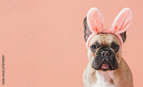 Adorable French Bulldog Pup with Pink Bunny Ears on a Peach Background