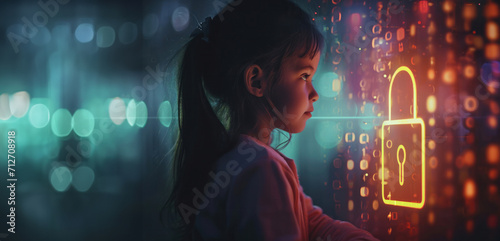 Young Girl Gazing at Glowing Digital Lock in a Cybersecurity Concept