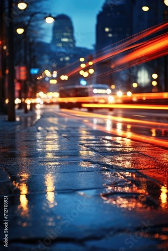 Blurred background of a wet city street at night © piai