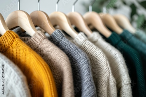 Collection of cozy knit sweaters in various colors displayed on wooden hangers