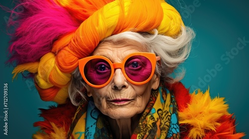 Eccentric old senior woman on background in vibrant colors