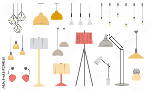 Set of lamps. Collection trendy furniture chandelier, floor and table lamp in flat style. Vector illustration on white background