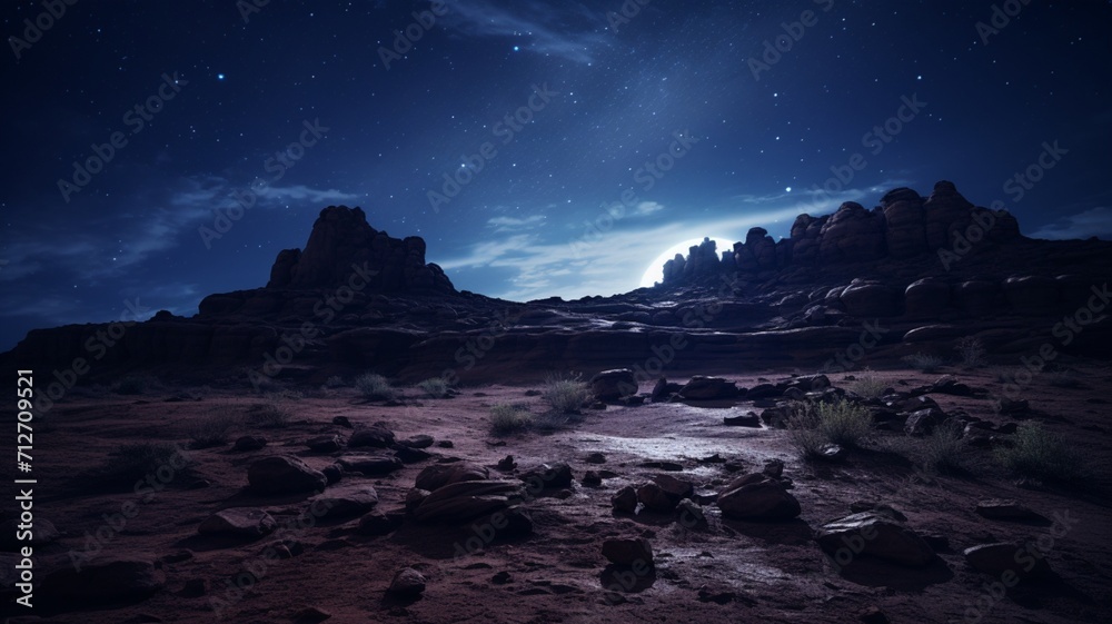 A moonlit ridge adorned with weathered rock formations, creating a stark and haunting silhouette against the night sky -Generative Ai
