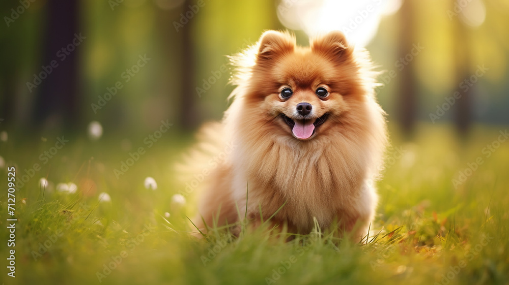 purebred small Spitz dog sitting in the grass in nature purebred small Spitz dog sitting in the grass in nature