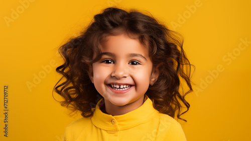  Portret studyjny dziecka uśmiechającego się na żółtym tle