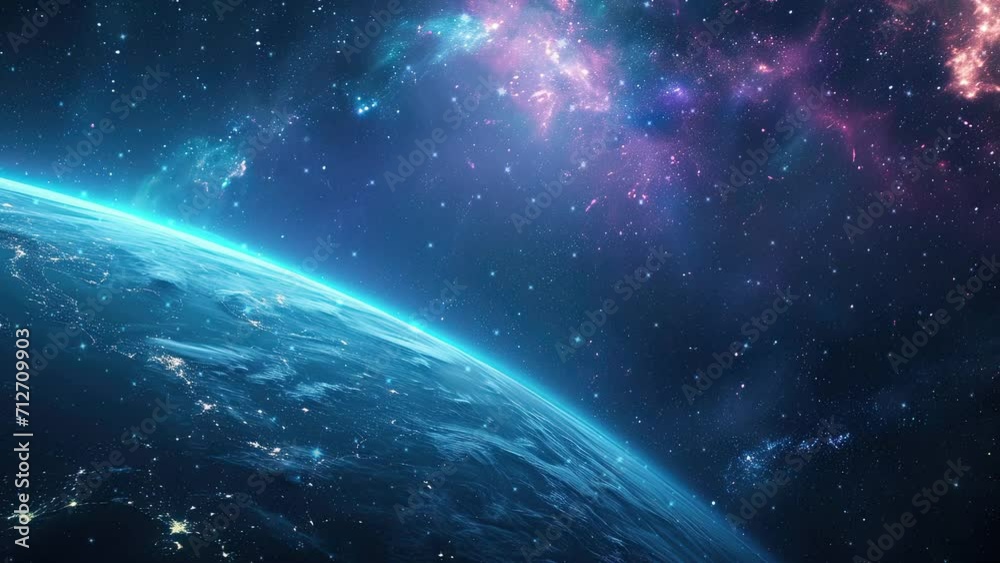 Approaching an uncharted planet in outer space. Outer space with a blue planet. Galaxy and Nebula. Flying near blue planet. Abstract space background. Endless universe with stars and galaxy