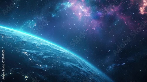 Approaching an uncharted planet in outer space. Outer space with a blue planet. Galaxy and Nebula. Flying near blue planet. Abstract space background. Endless universe with stars and galaxy