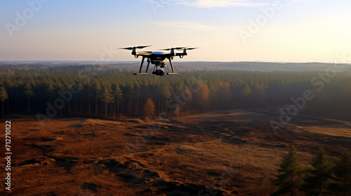 Drone with camera filming landscapes from high above the ground. Surveillance drone inspecting the surroundings. © GMeta