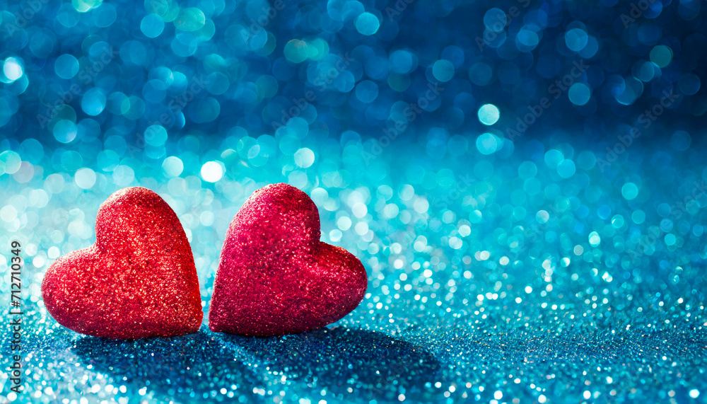 Fototapeta premium Two Hearts On Blue Glitter In Shiny Background - Valentine's Day Concept
