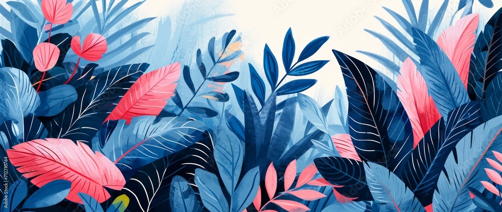 Vibrant blue and pink foliage in a stylized design - obrazy, fototapety, plakaty 