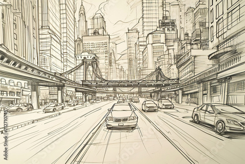 sketch of a cityscape with buildings, bridges and cars