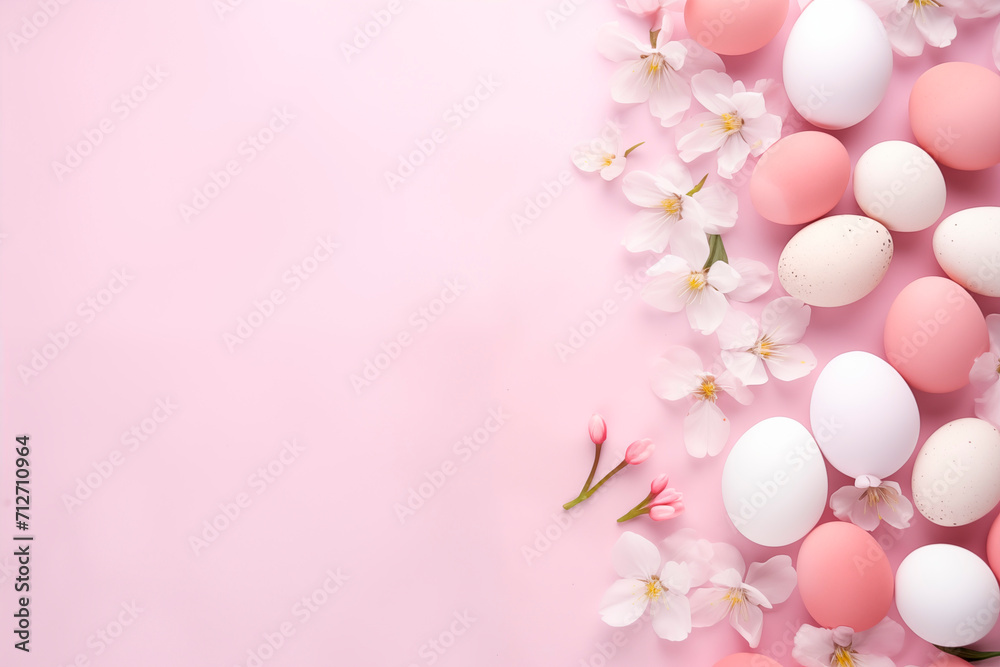 Light pink colored easter eggs with blossom cherry  on pastel Easter background with copy space.