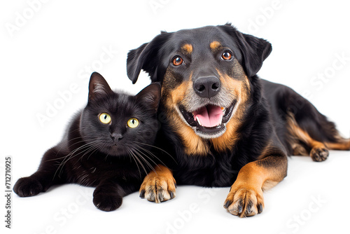 cute cat and dog lie on a white background,