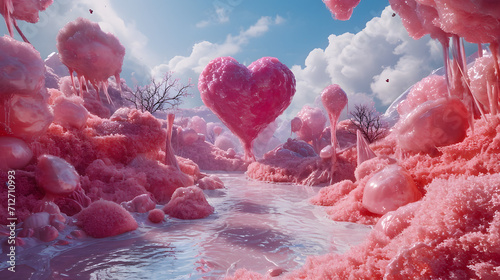 A serene, dreamy landscape of a pastel pink paradise adorned with a heart-shaped fountain, surrounded by clear blue waters and fluffy white clouds while colorful balloons float in the distance photo