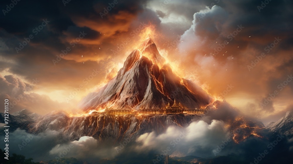 A mountain peak surrounded by swirling clouds at sunrise, with the first light of the day creating a surreal and dreamlike atmosphere -Generative Ai
