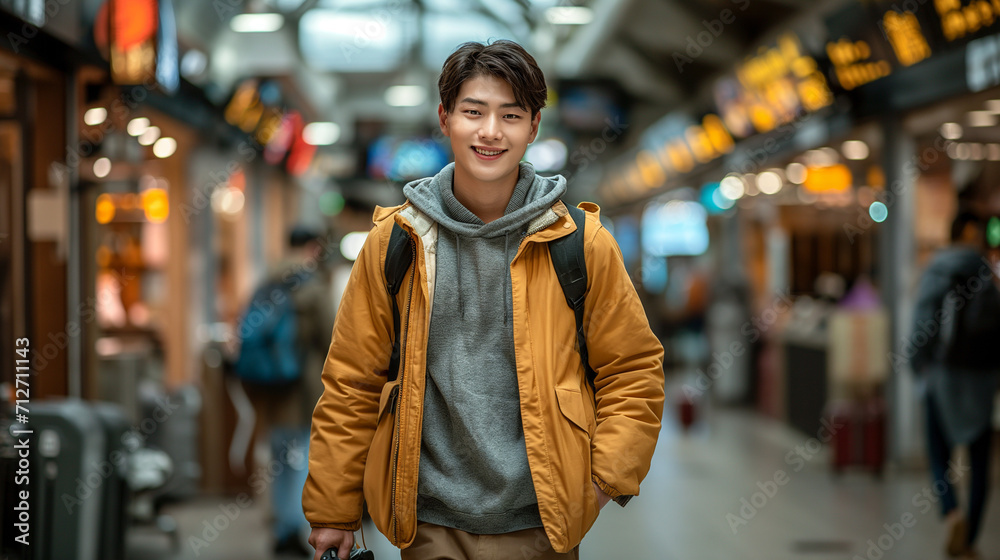 Fototapeta premium A young person walking in an airport with a bag.