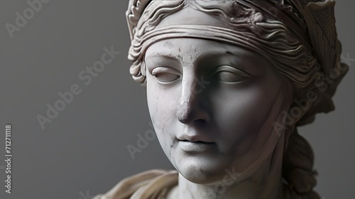 Close-up of an ancient marble bust statue depicting a blindfolded woman from the Roman era set on a gray backdrop.